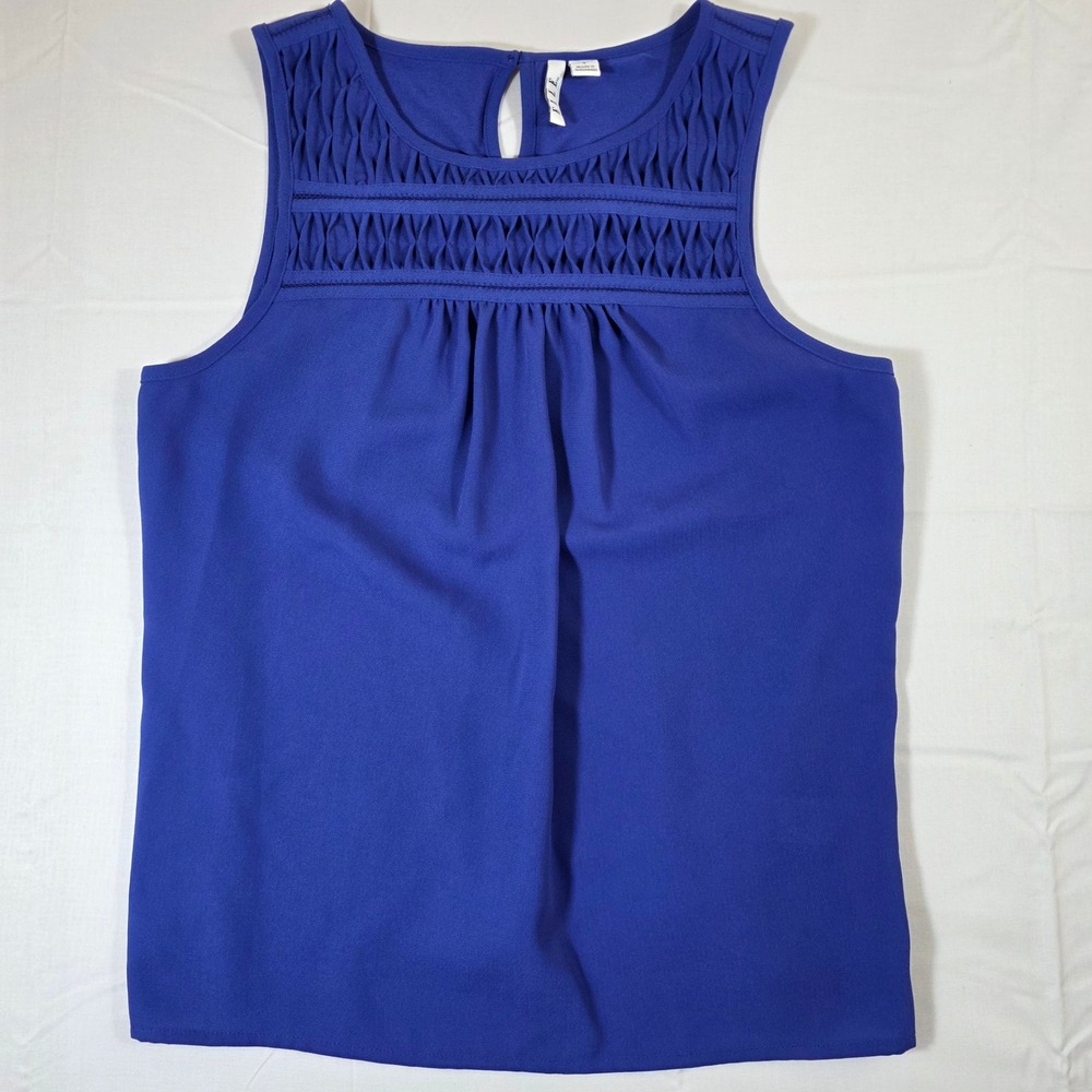 Elle Womens Royal Blue Sleeveless Pleated Lattice Yoke Keyhole Blouse Small